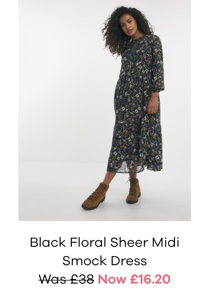 Black Floral Sheer Midi Smock Dress